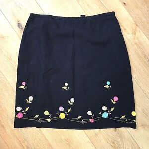 Larry Levine Linen Blend Folk Embroidered Floral Skirt Black Sze 16 Dark Cottage